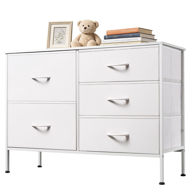 Simenmax 5-Drawer Fabric TV Stand, 39.4-Inch Entertainment Center with Wood Top & Sturdy Metal Frame, Storage Dresser for Bedroom, Living Room, Hallway, White