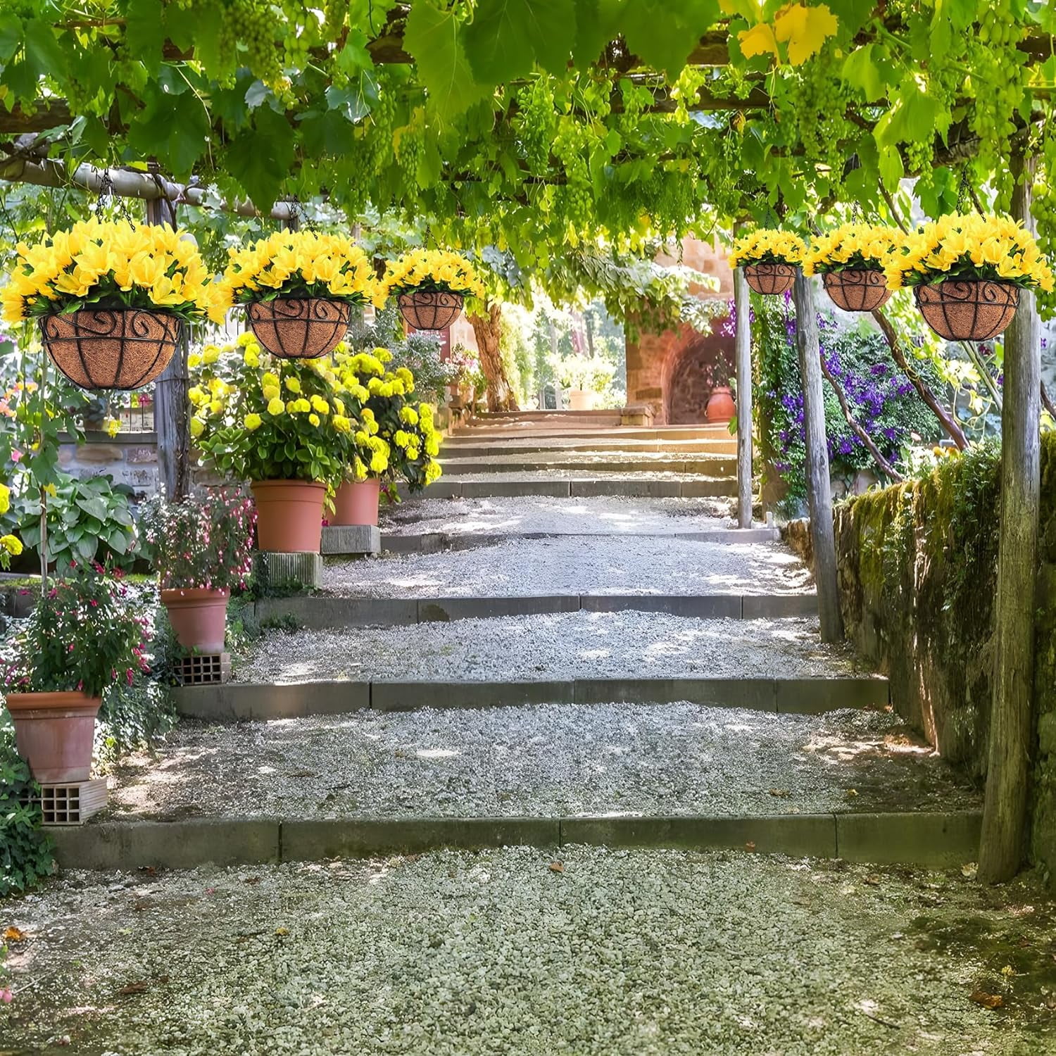 Artificial Hanging Flowers, Fake Silk Azalea Plants with Coconut Lining Hanging Baskets Outdoor for Spring Summer Yard Patio Front Porch Home Decorations, Yellow
