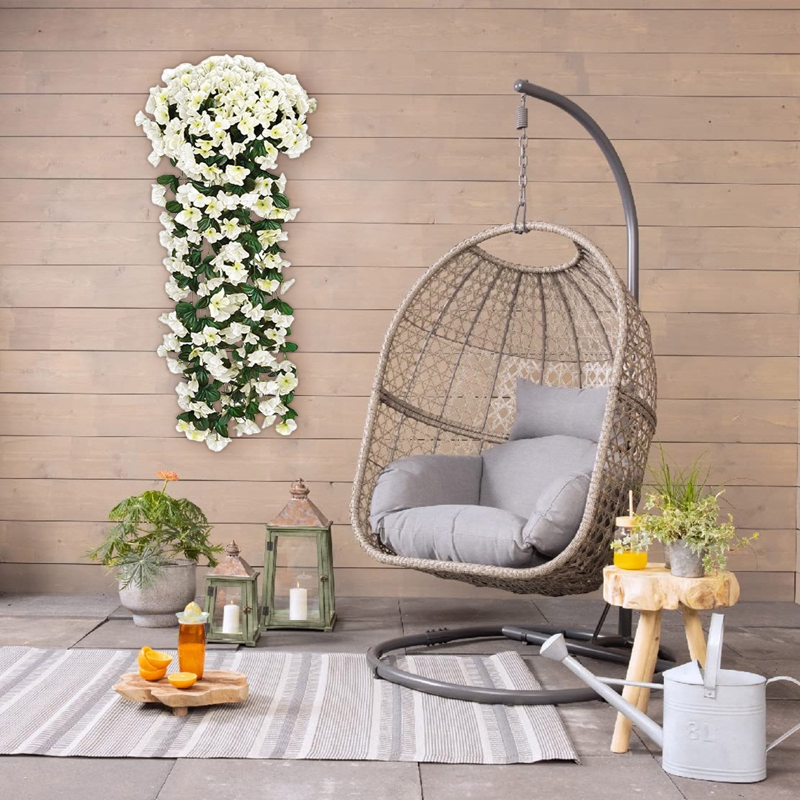 5pcs Artificial Hanging Flowers Outdoor Faux Plants Spring Decor Fake Mums Violets with Eucalyptus Realistic UV Resistant Trailing Vines Porch Yard Indoor Five-petal