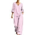 thumbnail image 2 of Mifsaly 2 Piece Lounge Set Women Casual V Neck Tops and Flowy Wide Leg Palazzo Pants Comfortable Outdoor Casual Vacation Matching Outfits with Pockets Pink,L, 2 of 7