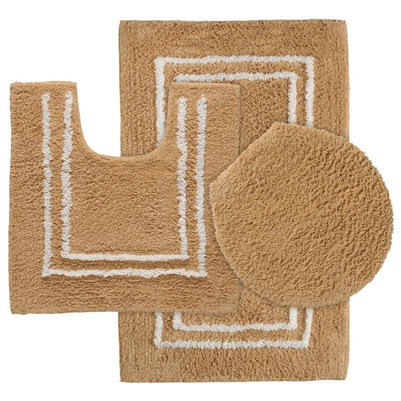 Cotton 3-Pc. Bath Rug Set - Tan Design, Plush, Absorbent, Non-Slip Bathroom Mats - Stylish White Trim - Includes Bathroom Rug, Contour Rug, and Toilet Lid Cover - Transform Your Bathroom Décor