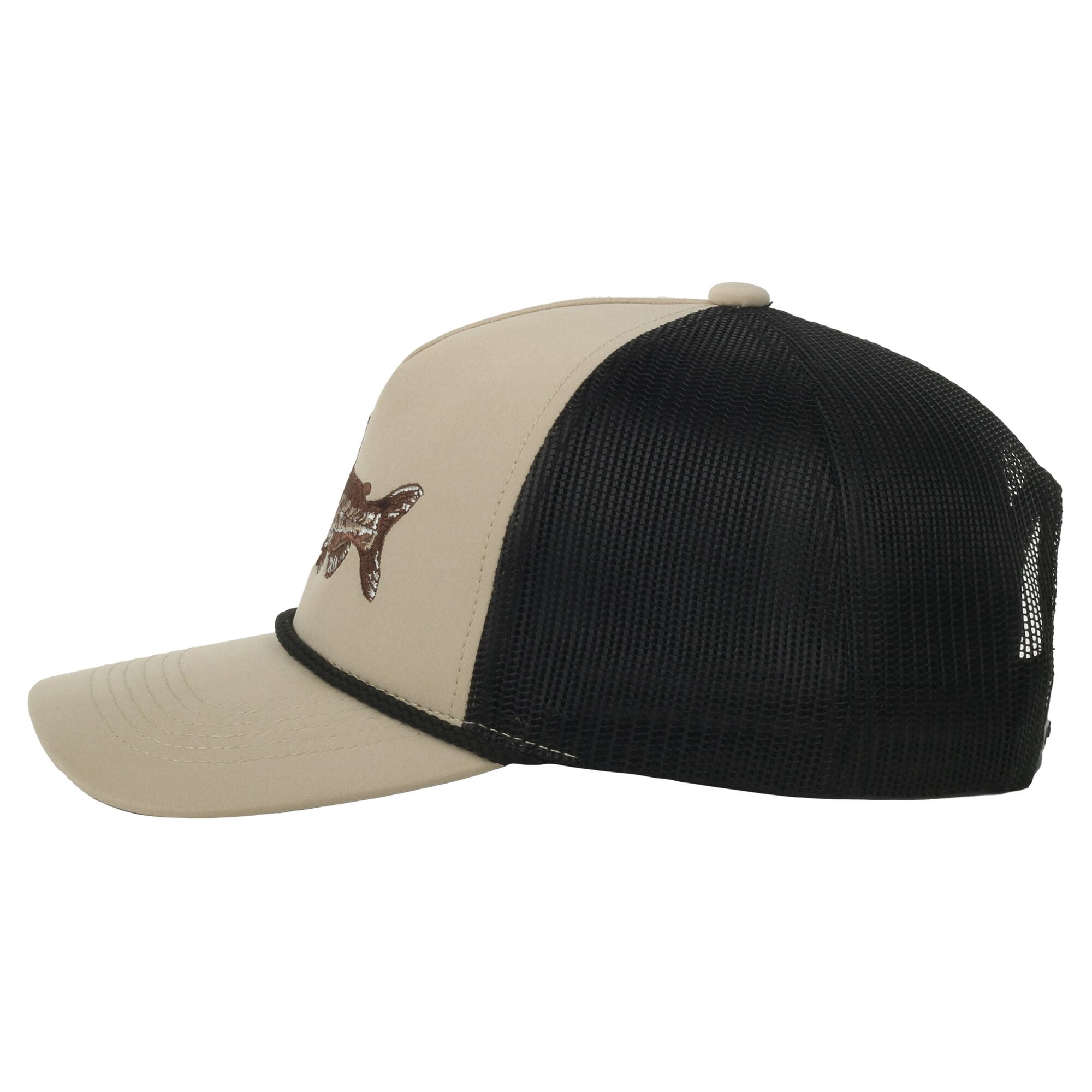 Beige/Black Catfish 5-Panel Fishing Cap – Structured, Embroidered, Snapback, One Size