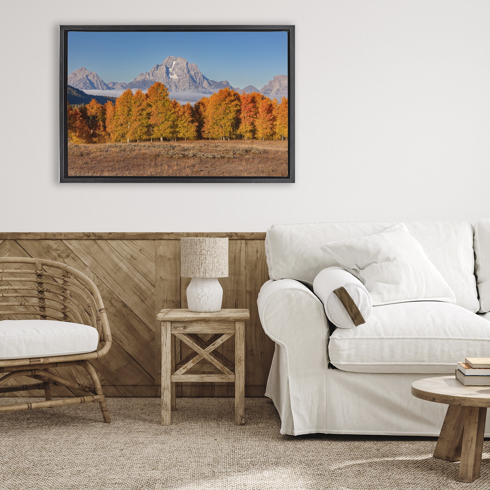 Autumn Tree Line With Mountain Black Framed Floater Canvas Wall Art, design by Shelley Carlisle