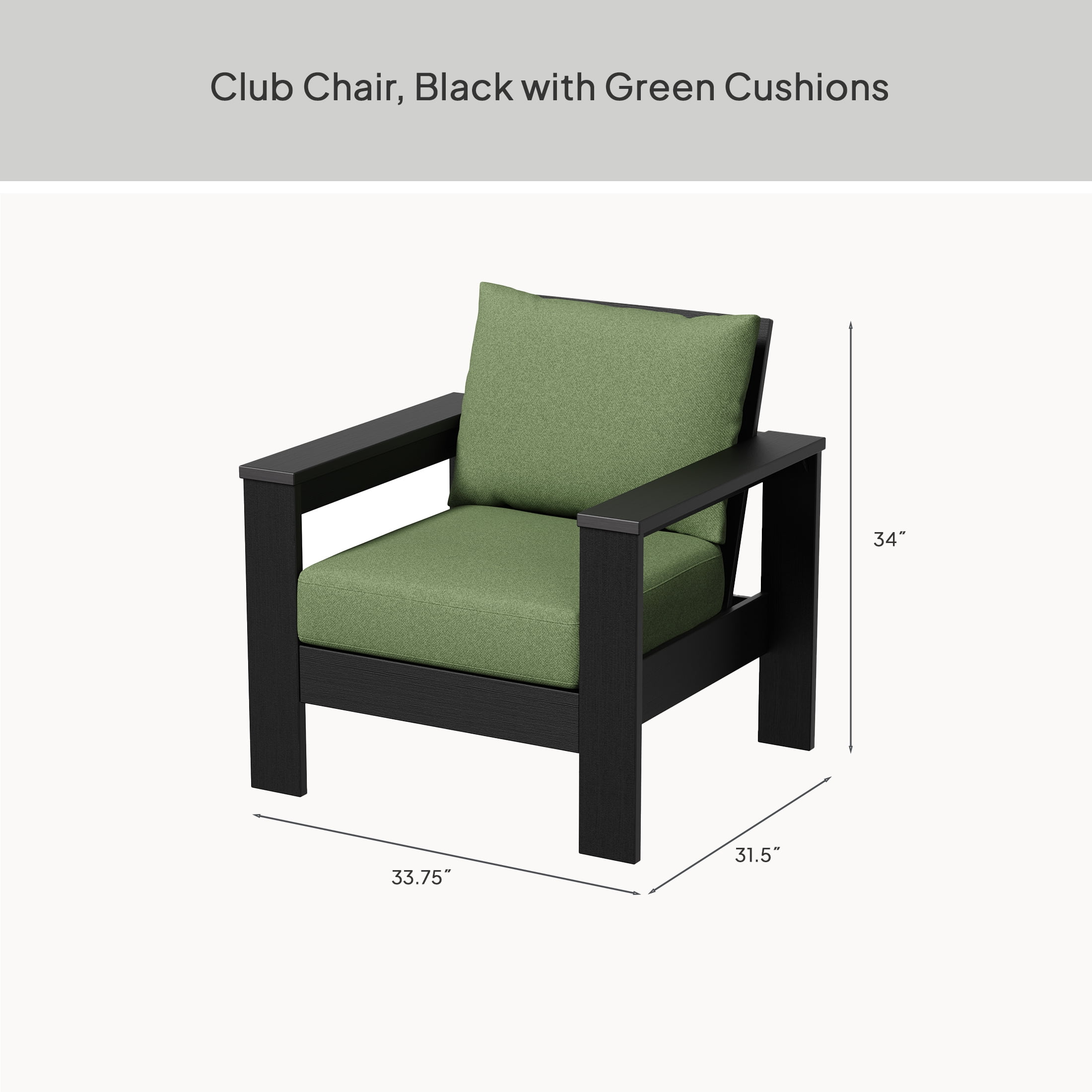 Better Homes & Gardens Ezra Outdoor HDPE Club Chair, Black with Green Cushions