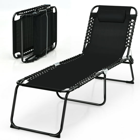 Topbuy Foldable Beach Chaise Lounge Chair with Pillow & Adjustable Pedal Black