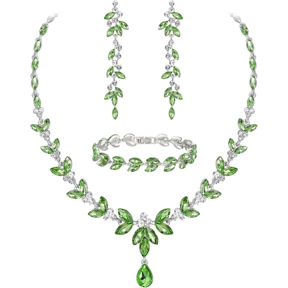 DESIGNICE Austrian Crystal Bridal Bridesmaid Jewelry Sets,Elegant Marquise Rhinestone Leaf Necklace Dangle Earrings Tennis Bracelet Set for Women