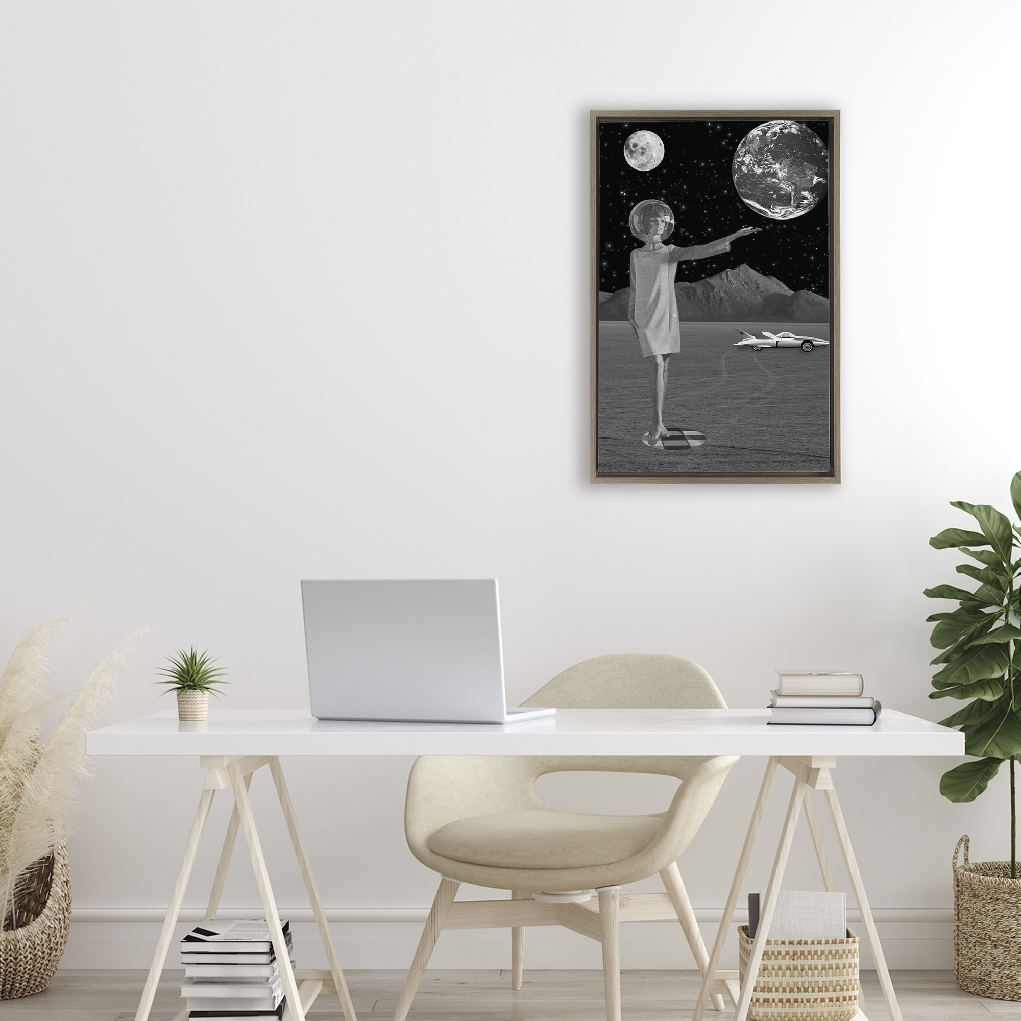 On A Mission Retro Space Brown Framed Floater Canvas Wall Art, design by Elo Marc