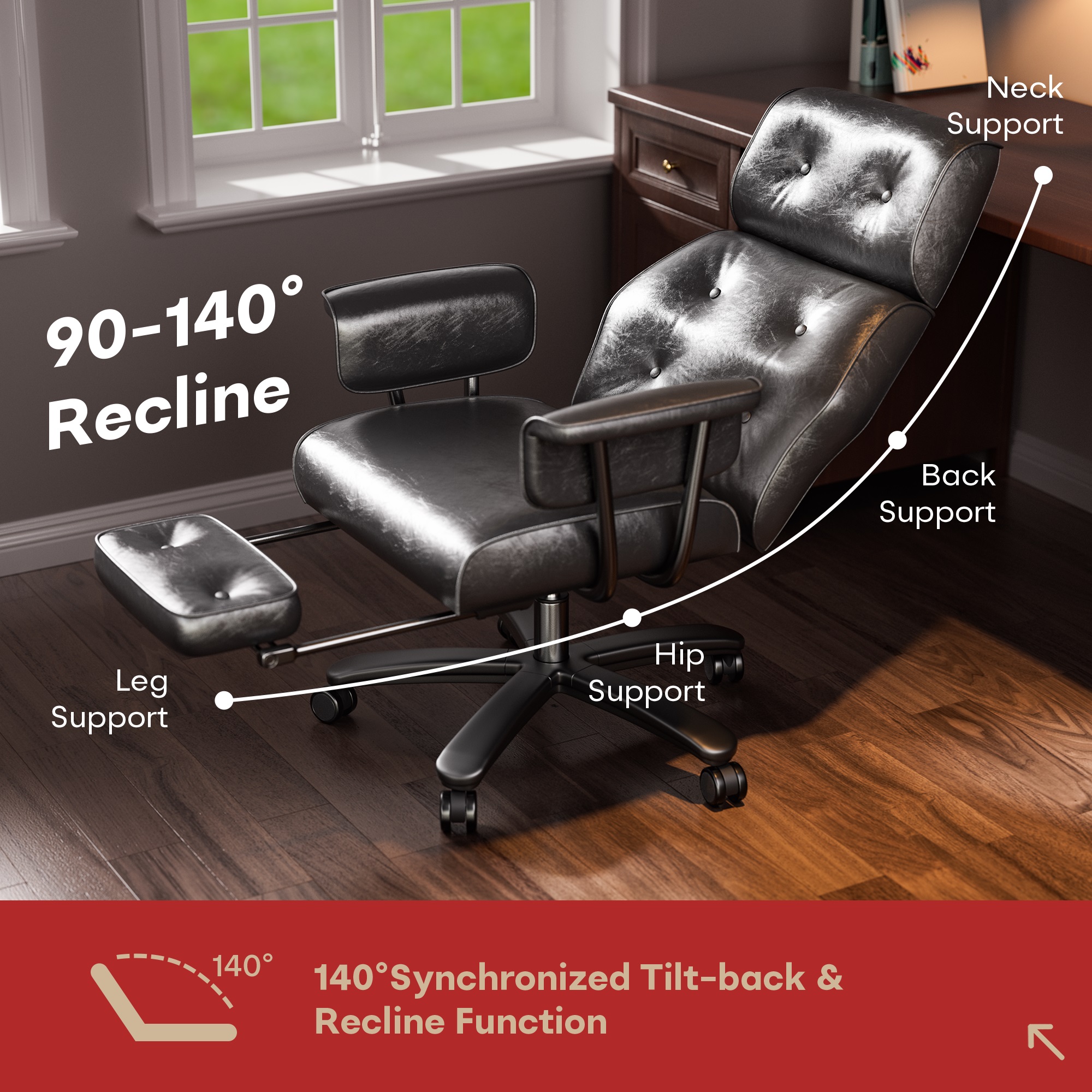 Ninecer Reclining Office Chair with Footrest, Big and Tall Desk Chair 400lbs, Adjustable Height Computer Chair, Thick Cushion & Lumbar Support, Swivel Office Chair with Arms, Black