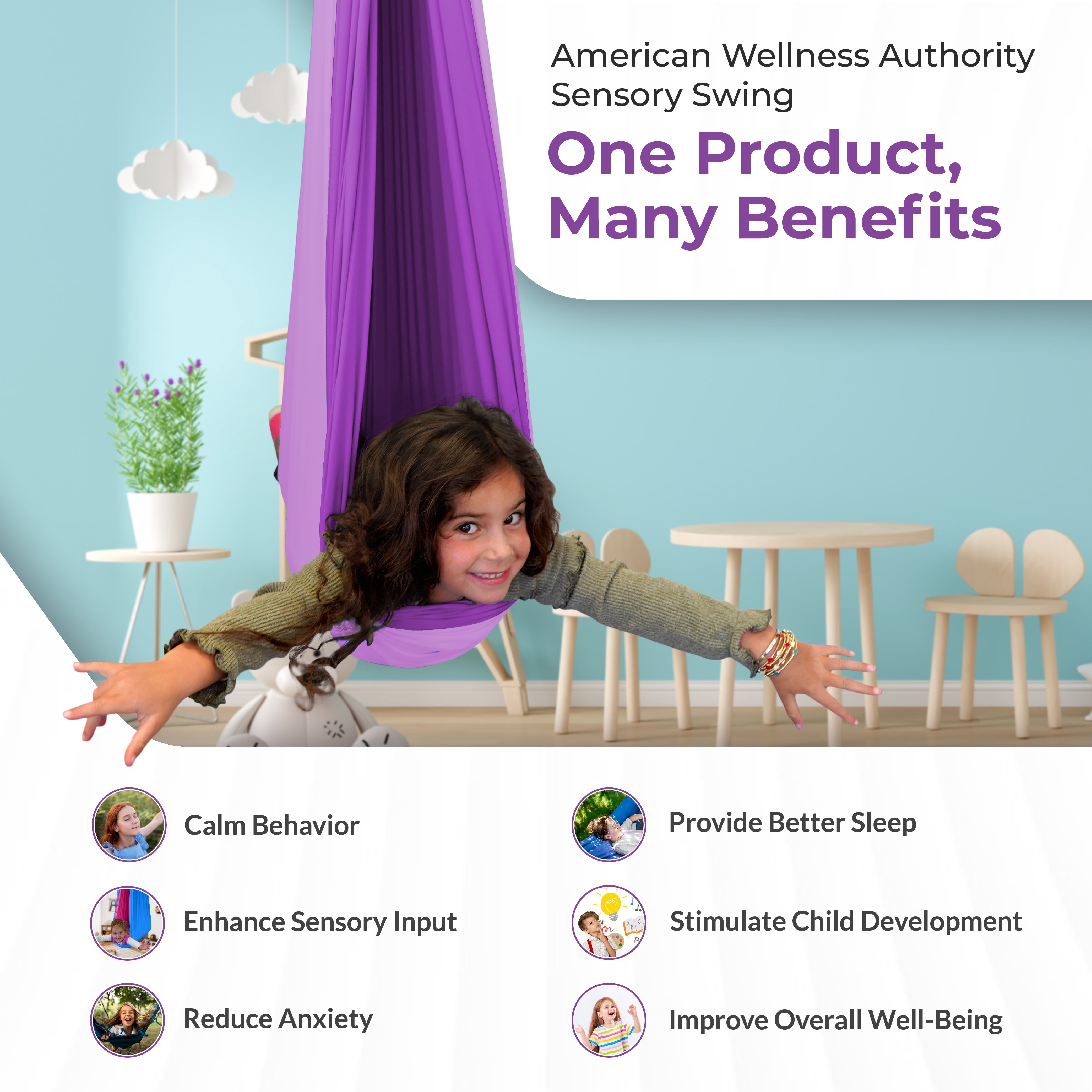American Wellness Authority Sensory Swing Indoor for Kids & Adults with Special Needs Indoor Swing for Kids & Adults with Autism, ADHD, and Sensory Processing Challenges (Includes Hardware)
