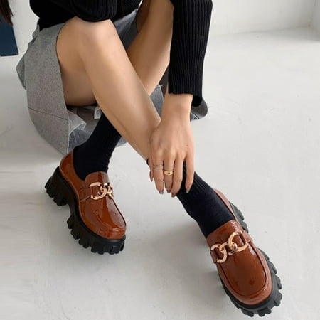 

Women Chunky Platform Ankle Boots For Women Glossy Leather Shoes Chain