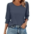 thumbnail image 2 of bbyeadc Blue Blouses for Women Crew Neck Smocked Cuff Ruched Shirts 3/4 Sleeve Dressy Casual Loose Basic Trendy Tops Summer Basic Business Tshirts Clothes, Dark Blue S, 2 of 7