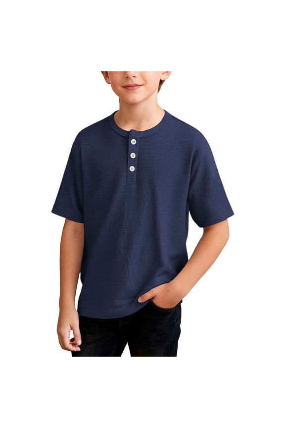 Boys Henley T-Shirts, Loose Fit Comfort Breathable Short Sleeve Summer Casual Fashion Tops Navy Size 5