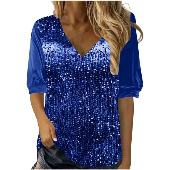 Women's Sequin Tops, V Neck Patchwork Blouse with 3/4 Puff Sleeve, Solid Color Sparkly Shirts for Winter, Casual Party Wear Tops