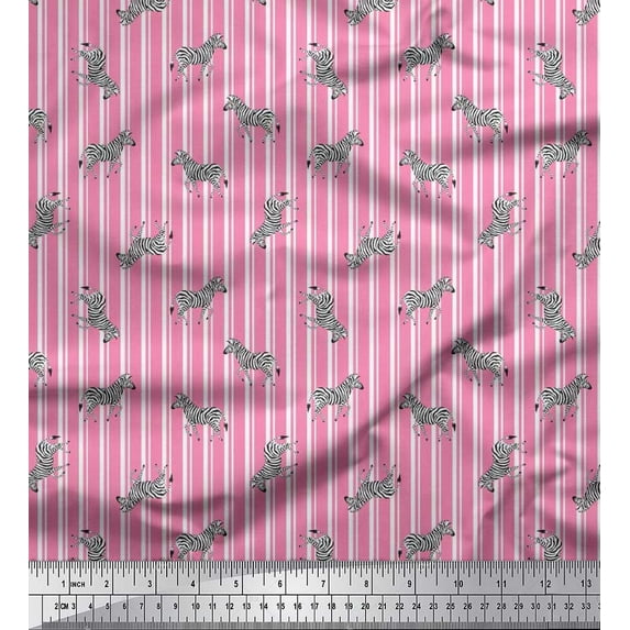Soimoi Pink Cotton Duck Fabric Stripe & Wild Animal Printed Craft Fabric by The Yard 42 Inch Wide