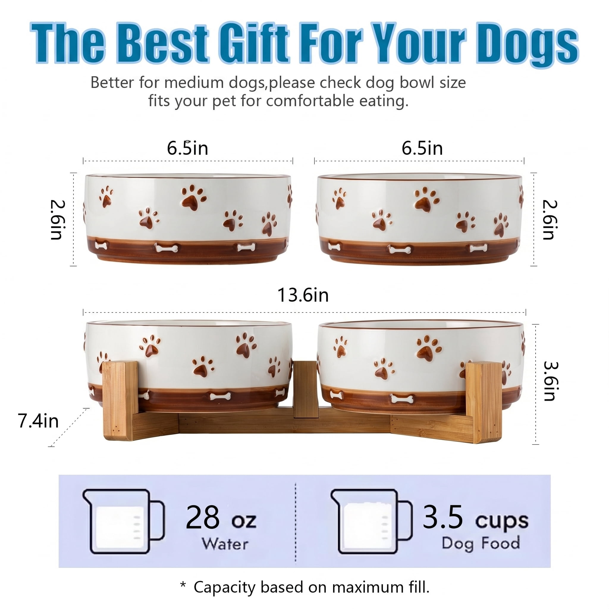 YUN TAO 3.5 Cups Pet Bowls Set of 2 for Medium Dogs, Ceramic Pet Food Water Dish Feeding with Wooden Stand, Cute Puppy Pet Dishes