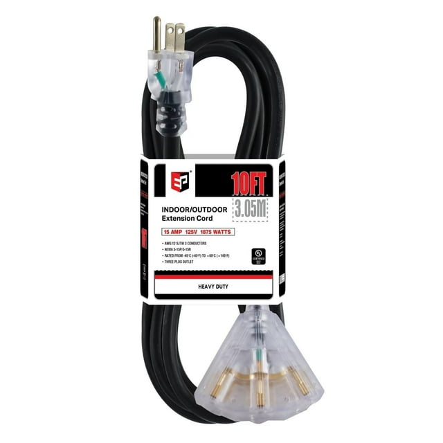 Cable de extensión EP de 10 pies con 3 salidas 12/3 SJTW 15 A 125 V UL