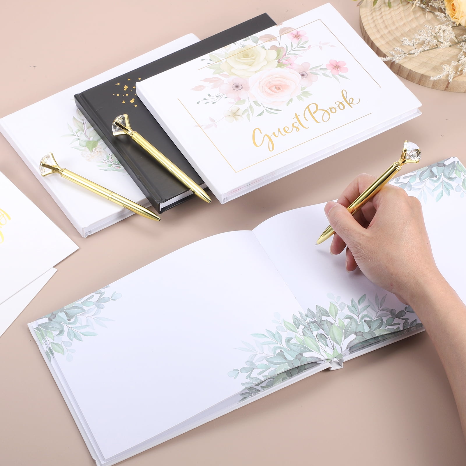 Uxcell Guest Book, 9.3x7" Elegant Wedding Guestbook Flower Wreath Cover Memory Book with Diamond Signing Pen and Greeting Card for Wedding Bridal Shower Birthday Party Events, Gold Tone