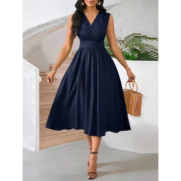 Navy Blue Sleeveless V-Neck Wrap Midi Dress With Pleated Crinkled Skirt For Women