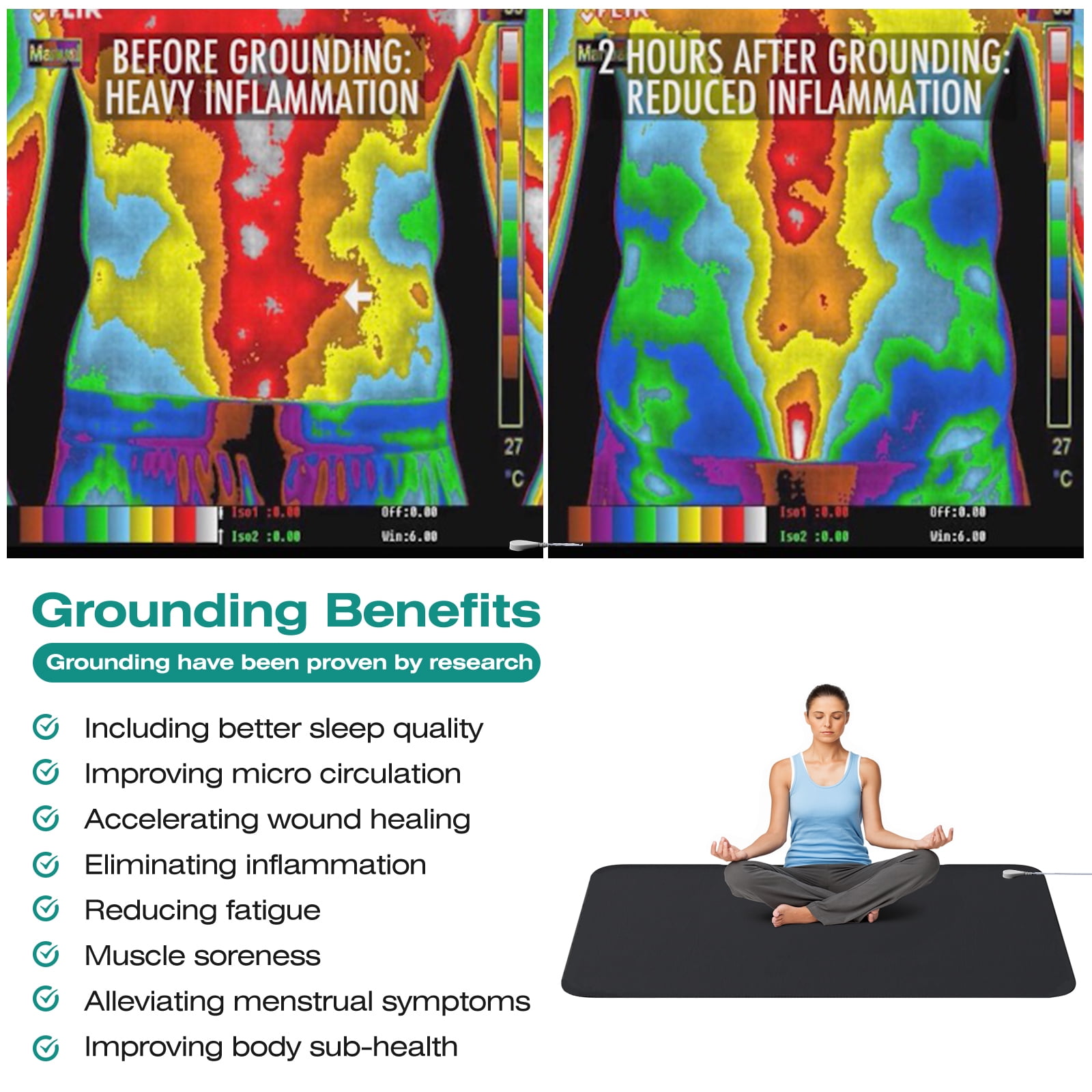 24"x71" Grounding Yoga Mat Kit for Bed Sleep Meditation Exercise Mat Back Anti-slip Thickness 3mm Mounse Pad,for EMF Recovery Sleep Therapy Assist,Black Glossy Surface