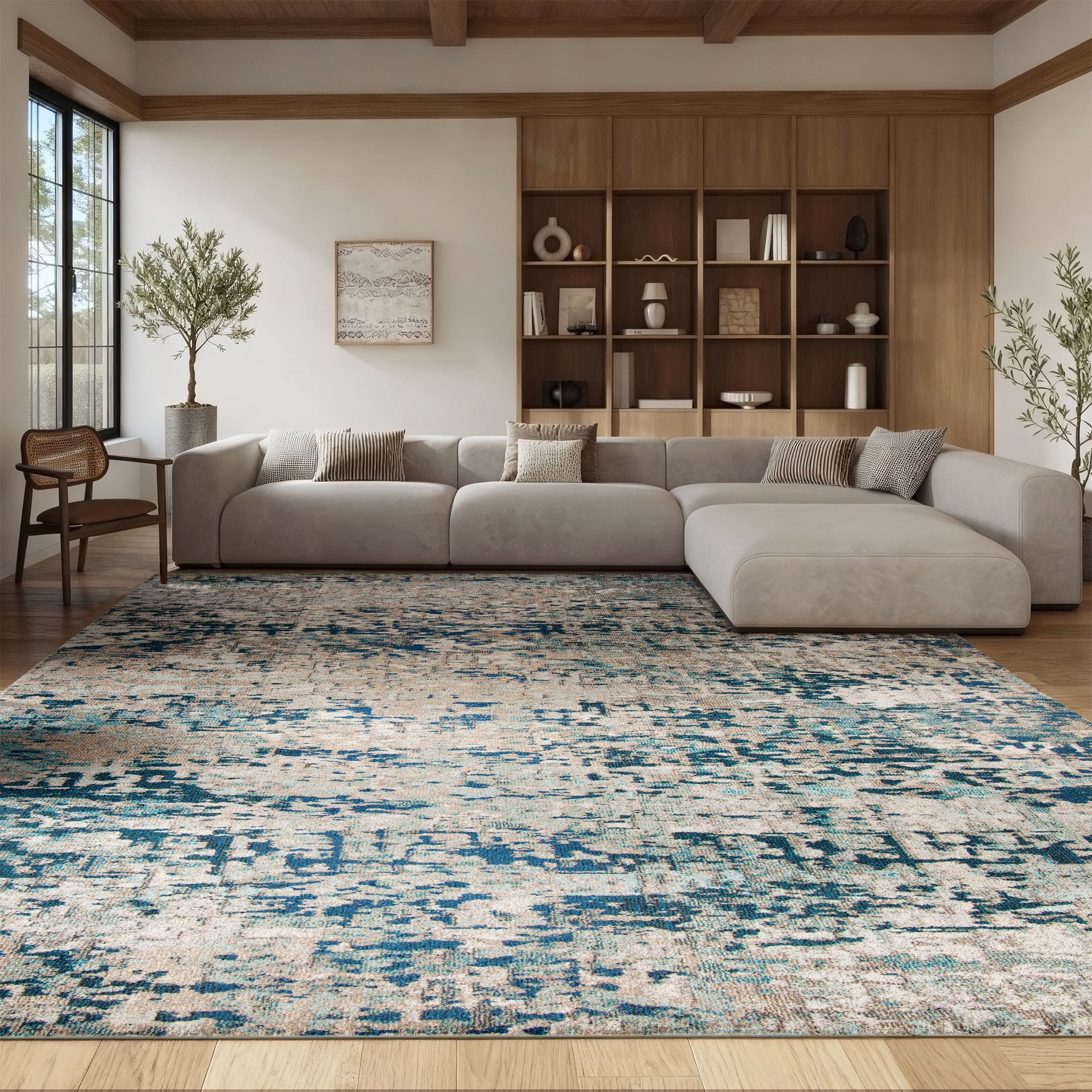 SAFAVIEH Madison Kebo Abstract Area Rug, Grey/Blue, 9' x 12' - Large - Modern Design, Grey & Blue, Ideal for Living Room, Bedroom, Dining Space