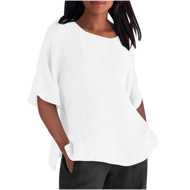 Blusas holgadas de manga 1/2 para mujer - Camisa informal de manga corta lisa - Cuello en V ideal para festivales o para el día a día - Tallas S-XXL