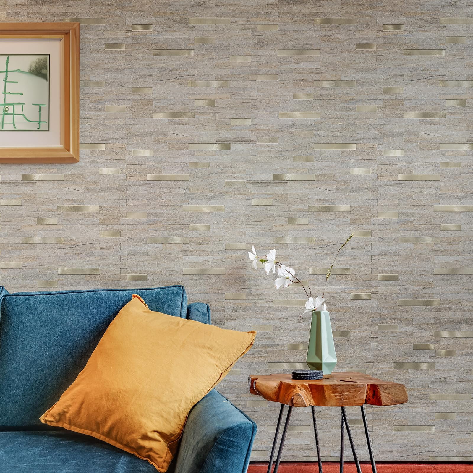 20 Sheets Kitchen Peel And Stick Backsplash Tiles  Beige With Metal Look On For Rv Fireplace