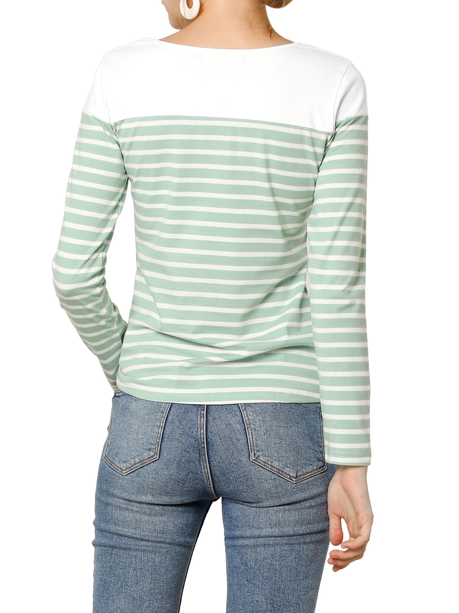 DARING DIVA Women's Color Block Striped Knit Top Long Sleeves T-Shirt S Light Green