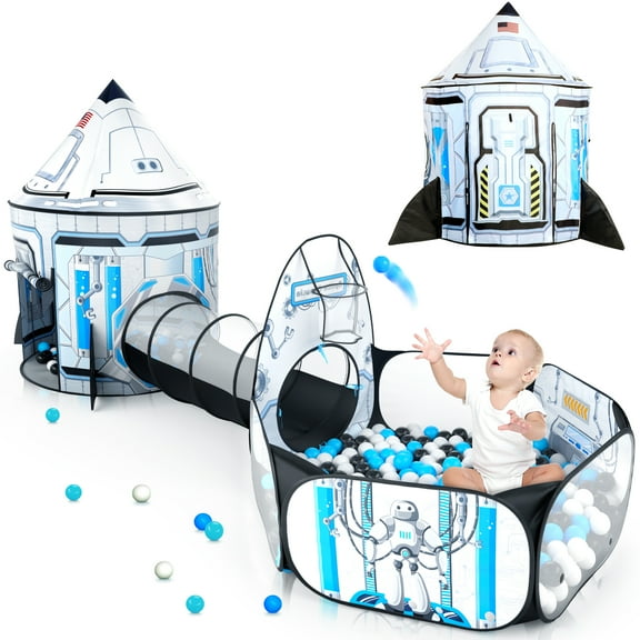 SweHouse 3pc Spaceship Play Tunnel Tent for Kids with Baby Ball Pit for Toddlers Indoor Outdoor Polyester Toys