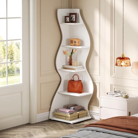 Tribesigns Wavy Corner Shelf Modern 5-Tier Bookshelf Bookcase with Curvy Shape Unique Plant Stand Display Rack for Living Room Small Space (White)
