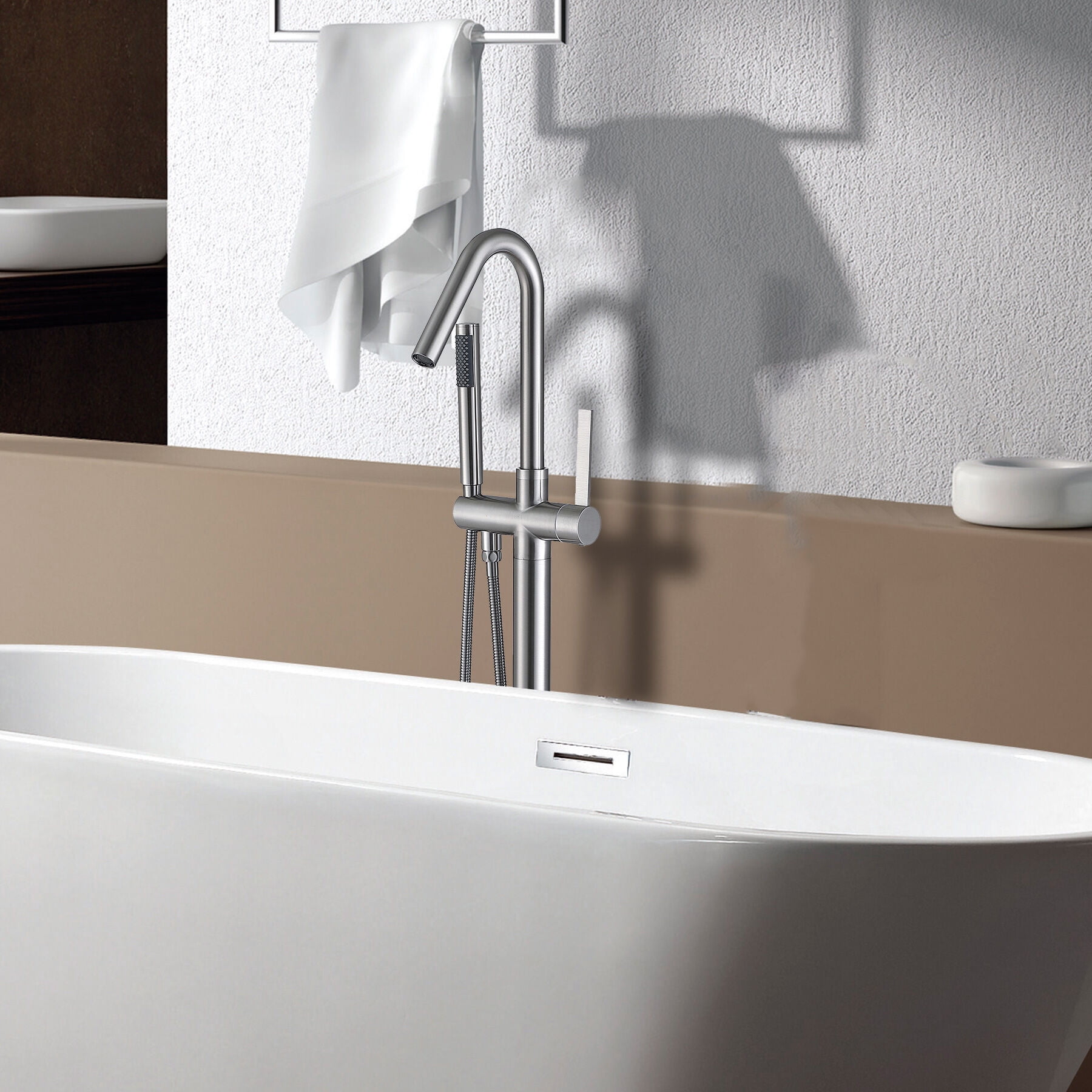 Freestanding Bathtub Faucet, Freestanding Bathtub Faucet with Hand Shower, Brushed Nickel Freestanding Tub Filler,Metal Standalone Tub Faucet, Bath & Faucets Freestanding Tub Faucets