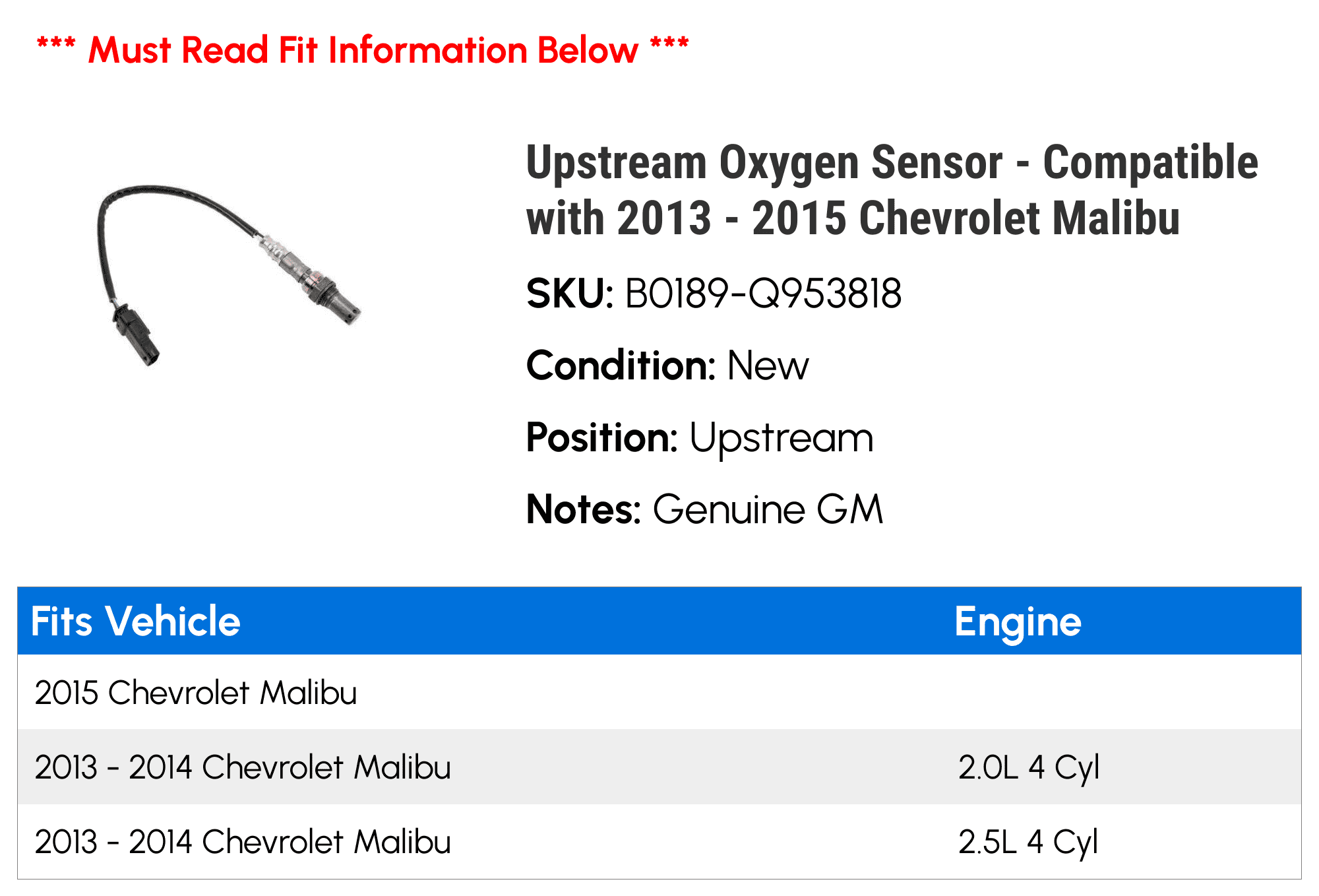 Upstream Oxygen Sensor - Compatible with 2013 - 2015 Chevy Malibu 2014