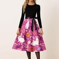 thumbnail image 2 of LWavelet Women's Long Sleeve Fit-and-Flare Dress, Patchwork Bunny & Carrot Print with Satin Bow Belt for Casual & Easter Outfits Hot Pink 2XL, 2 of 4