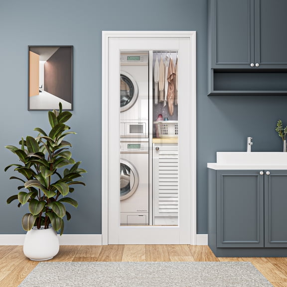 24" x 80" Interior 1-Lite Clear Glass Laundry Door Slab White Primer Solid Manufactured Wood Standard Size Slab Door