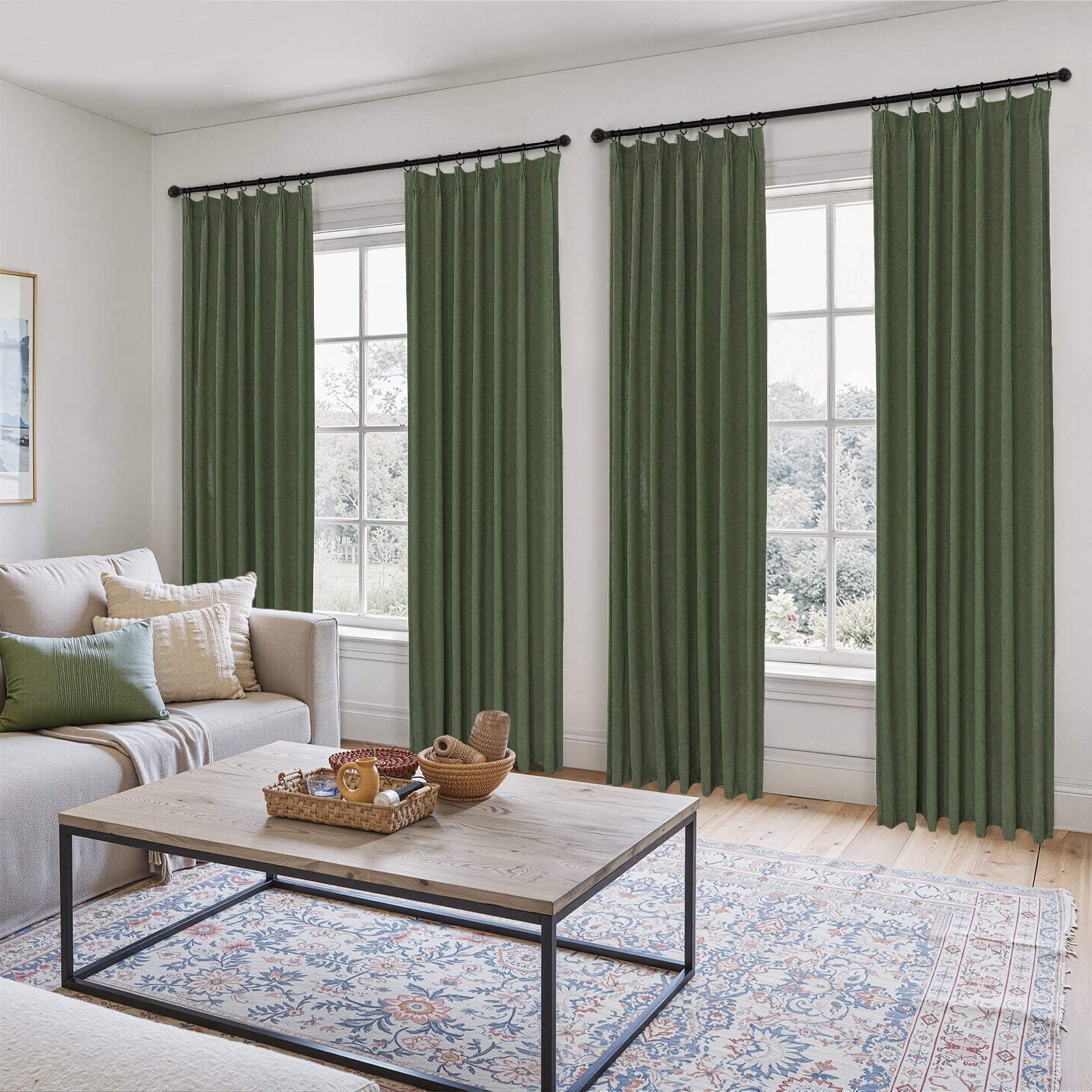 Jainmy Pinch Pleated Linen Curtains, Boho Light Filtering Living Room Bedroom Curtain,Window Treatments with Hook,Olive Green, 40x84 inch, 2 Panels