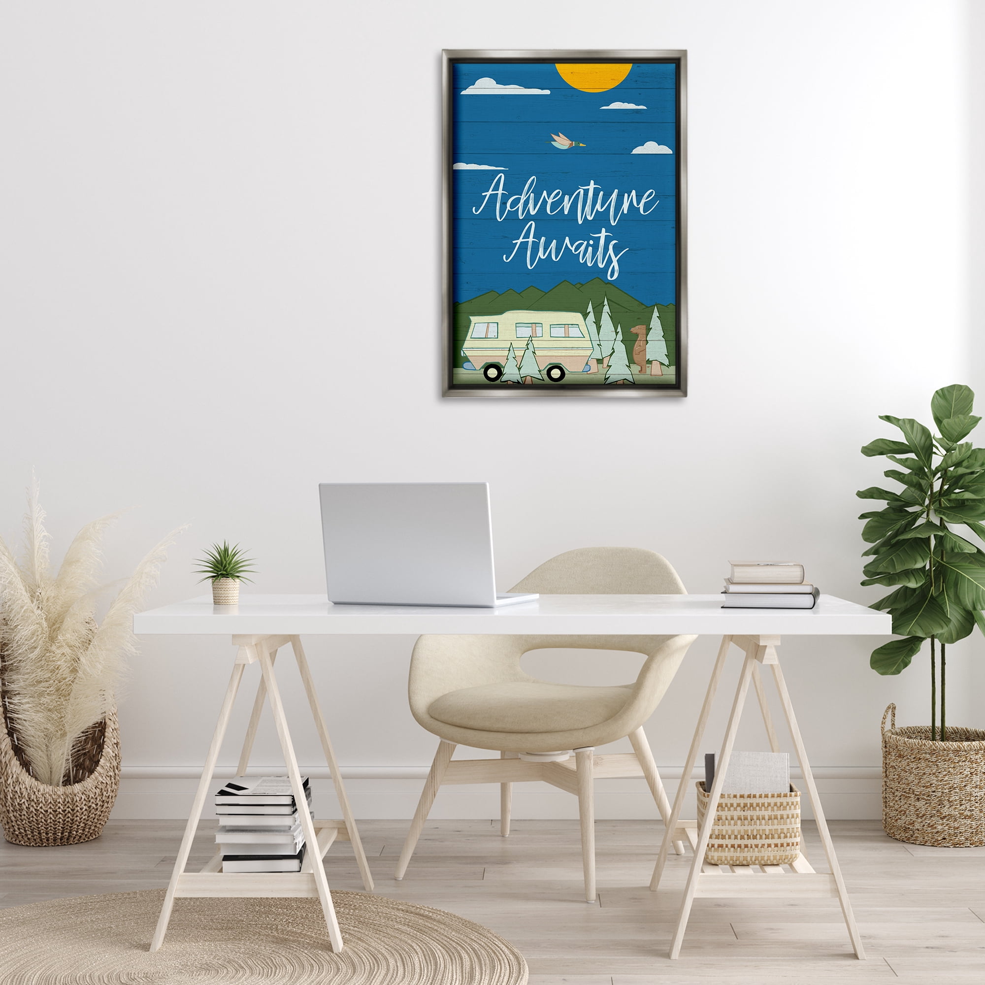 Stupell Industries Adventure Awaits Landscape Landscape Painting Gray Floater Framed Art Print Wall Art, 21 x 31