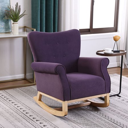 Nursery Rocking Chair, Velvet Glider Rocker with Solid Wood Base and High Backrest for Baby Nursery, Comfy Rocking Recliner Armchair for Breastfeeding and Rocking Baby to Sleep (Beige)