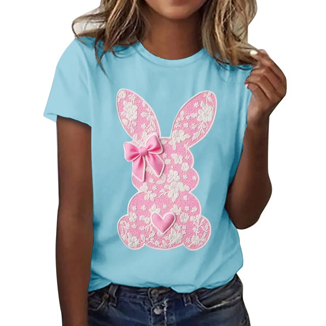Flash Deal! T-Shirt Décontracté Imprimé Lapin de Pâques pour Femmes, Col Rond, Manches Courtes, en Solde Bleu Ciel S