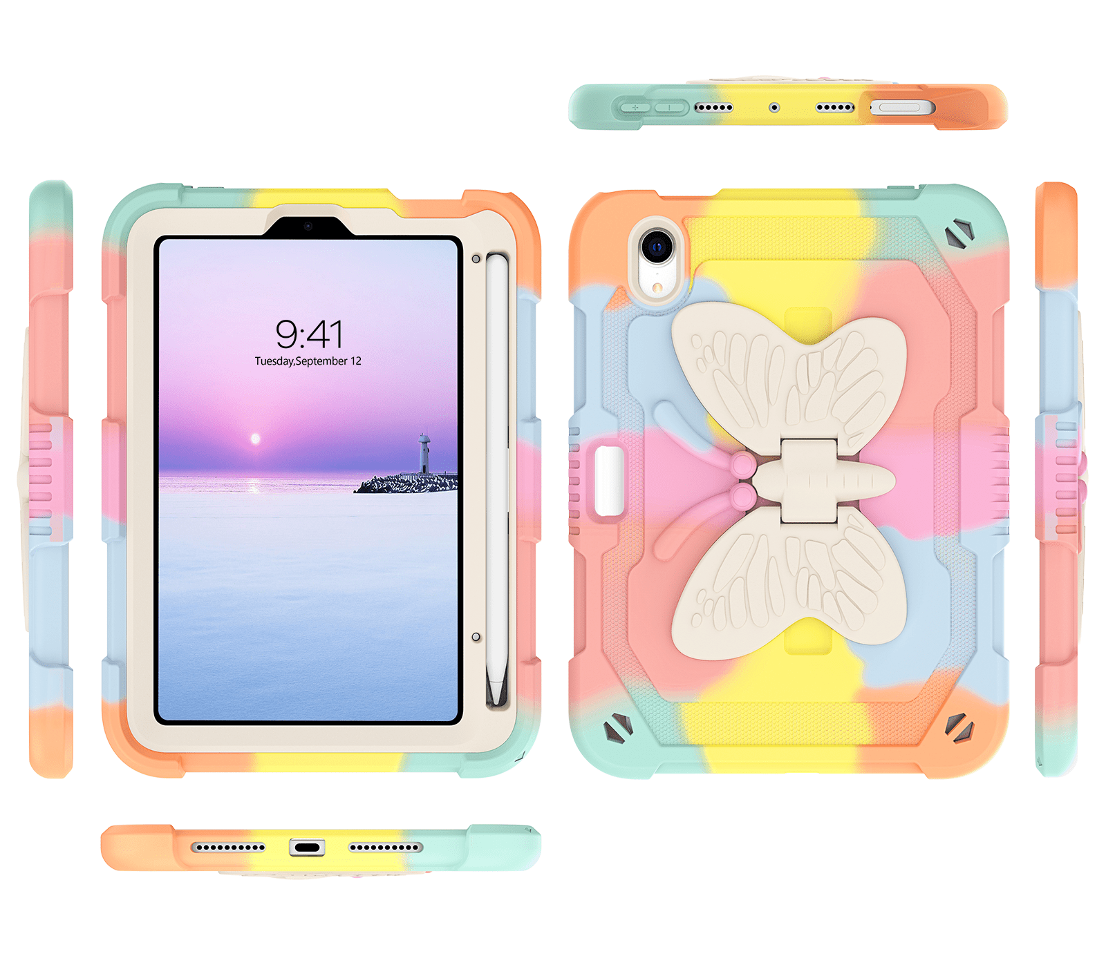 iPad mini 7 Case / iPad mini 6 Case (2024/2021) 8.3 inch - DOMAVER Shockproof Protective Cover with Butterfly Wings Kickstand, Apple Pencil Holder, Kids Friendly Drop-Proof Design - Rainbow Pink