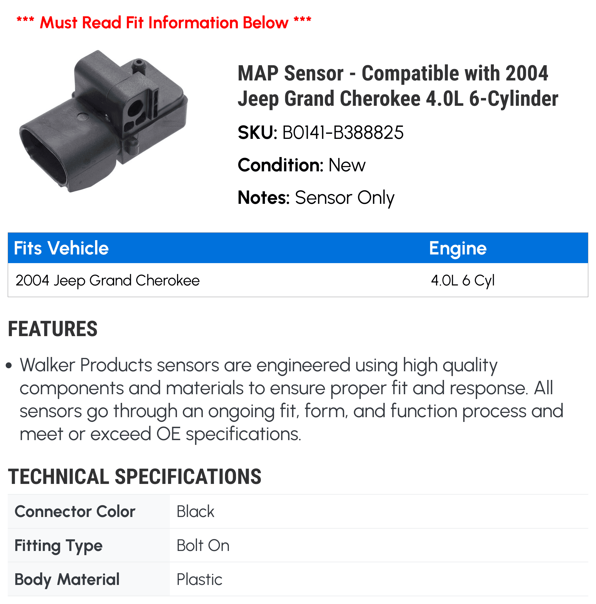 MAP Sensor - Compatible with 2004 Jeep Grand Cherokee 4.0L 6-Cylinder