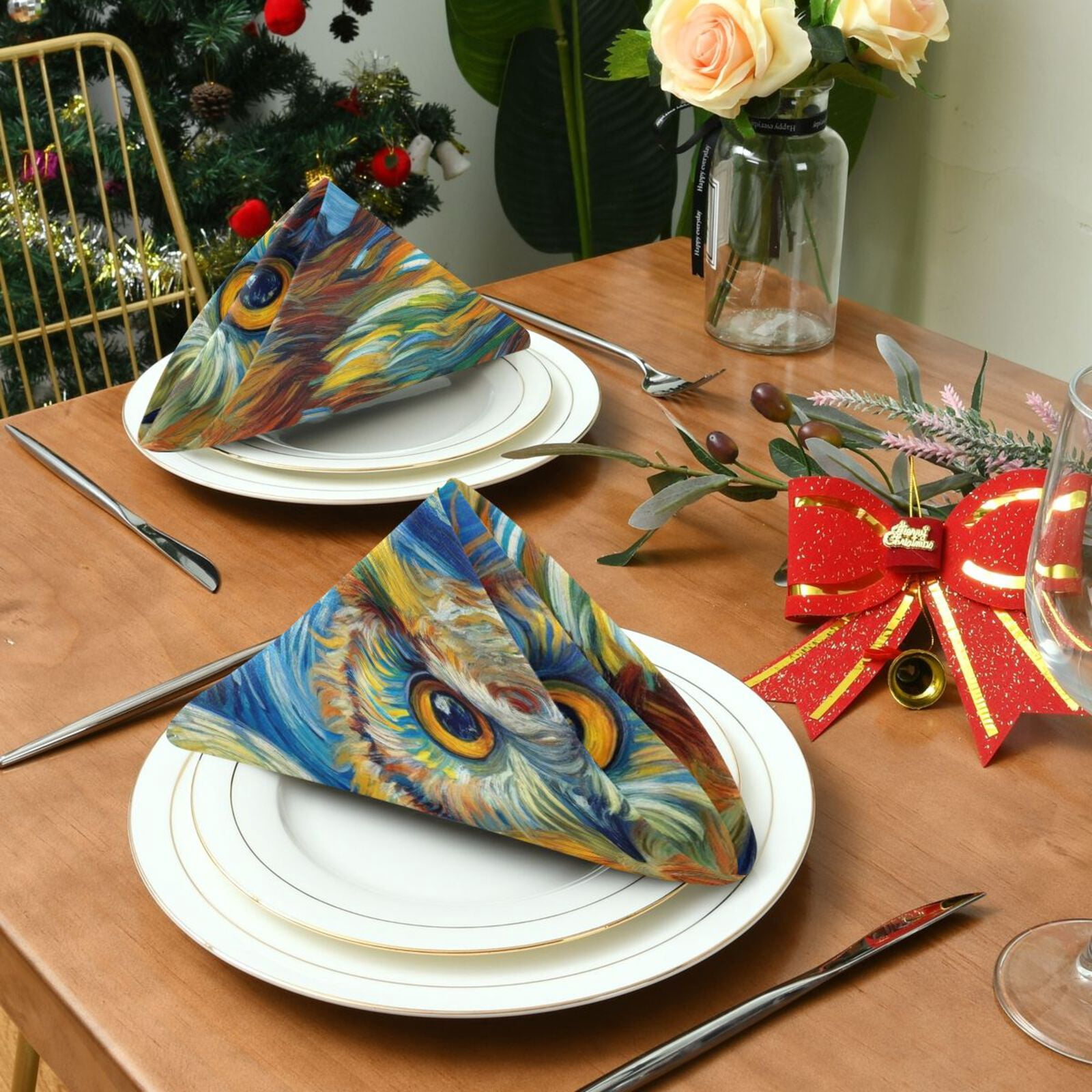 JSTEL Owl Starry Sky Cloth Napkins Set of 6, 20x20 Inch Washable and Reusable Napkin for Decoupage Dinner Party Everyday Use