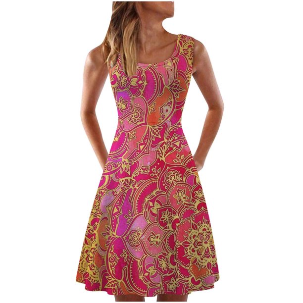 Vestido casual de verano para mujer, sin mangas, hasta la rodilla, plisado, cuello redondo, estampado Fridja hjkh2450