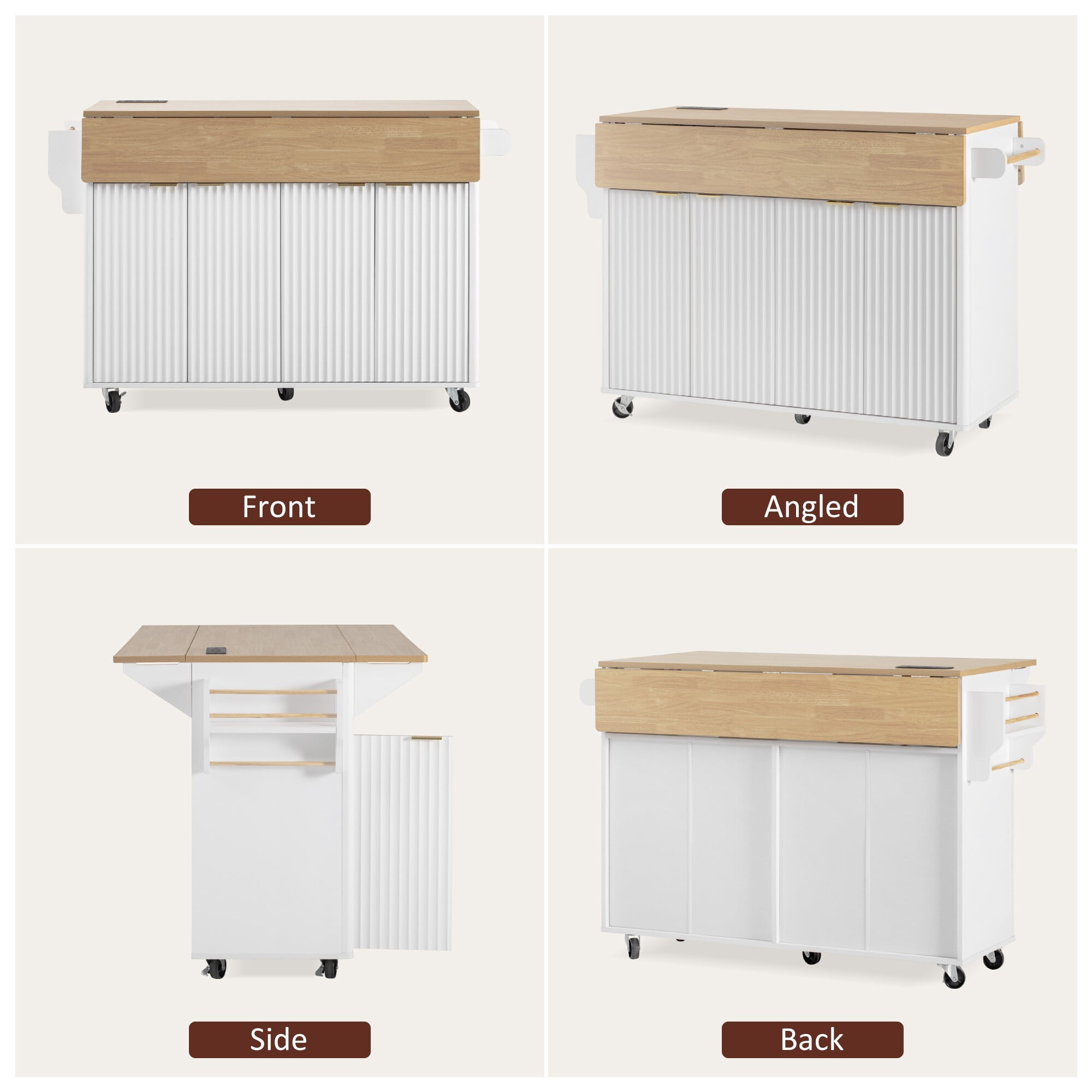 AENKYO 55" Kitchen Island with Drop Leaf & Charging Station, Mobile Storage Serving Cart with Wheels, White