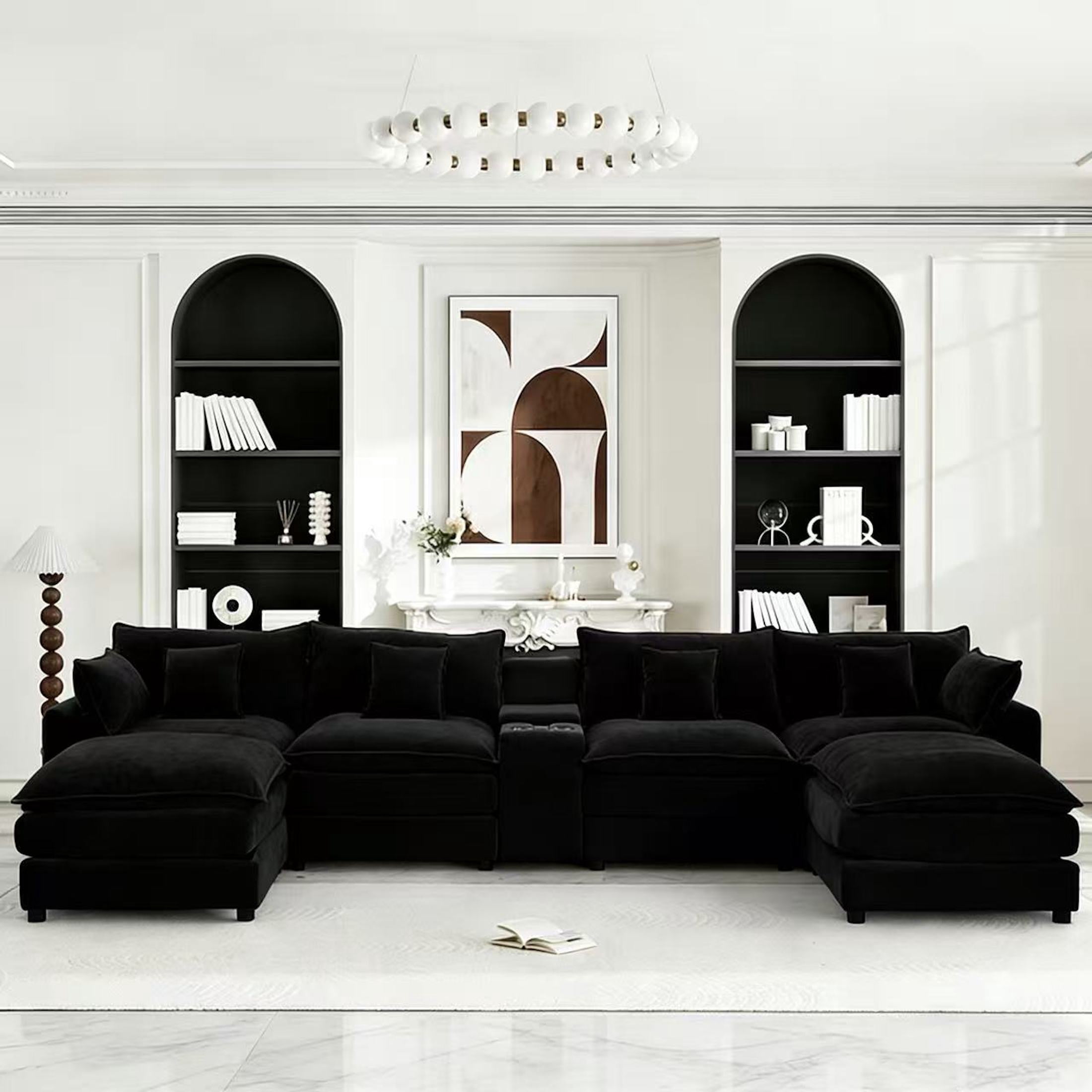 Aisword 145" U Shaped Cloud Couch Sectional with USB Charging, Hidden Storage, Cup Holders & Chenille Double Chaise, Black