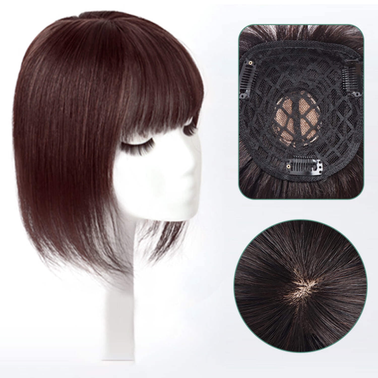 viviabella Hair Toppers for Women Clip in Human Hair Pieces With Bangs 8” 12” Silk Base Crown Top Toupee Fringe for Loss Thinning Hair Replacement Extensions for Straight Hair