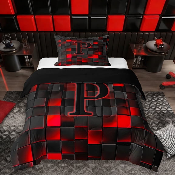 Erosebridal Teens Black Red Geometric Grid Twin Comforter Sets 3-Piece,P Personalized Initial Bedding Set For Boys Girls,Black Reversible