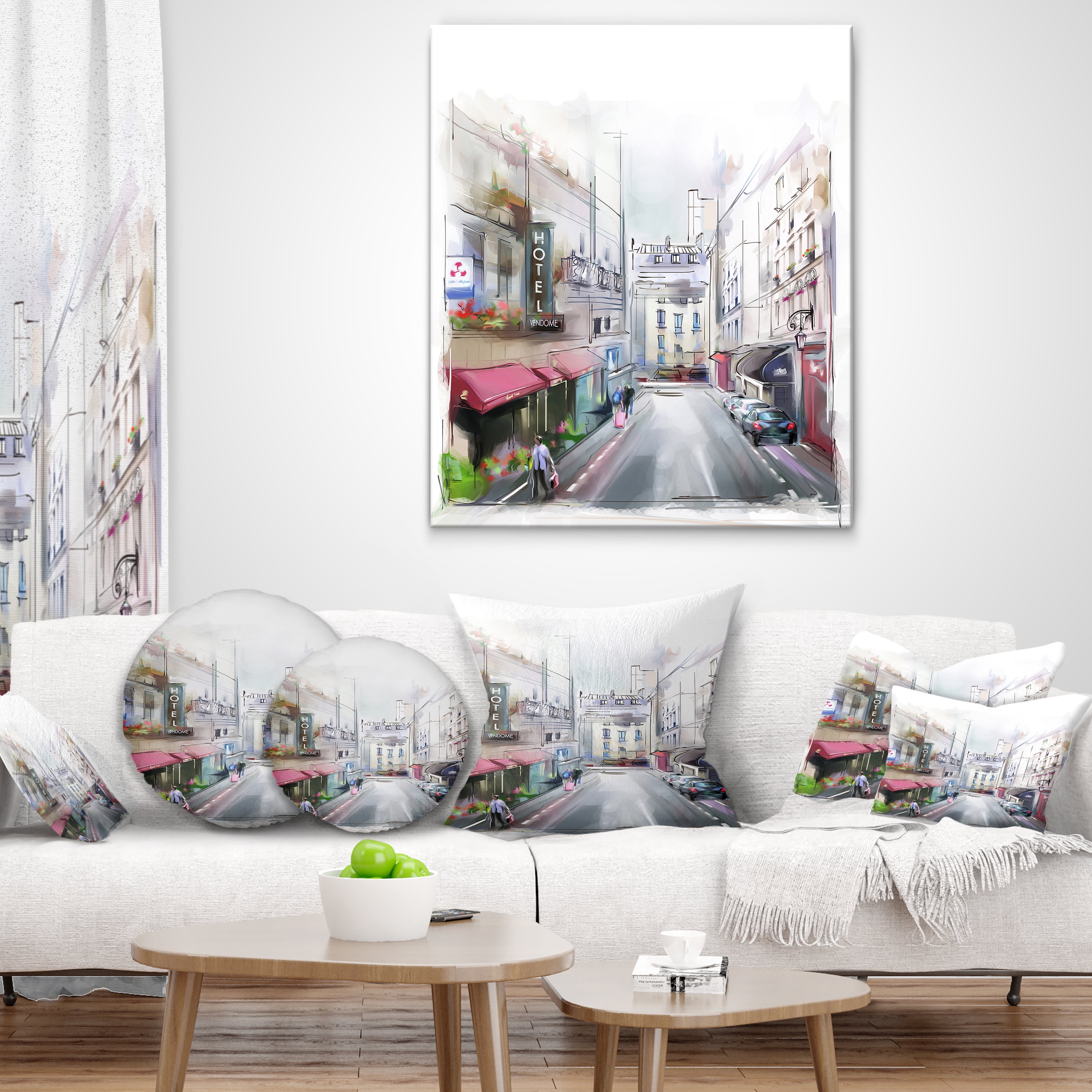 Designart City Street Illustration - Cityscape Throw Pillow - 16x16