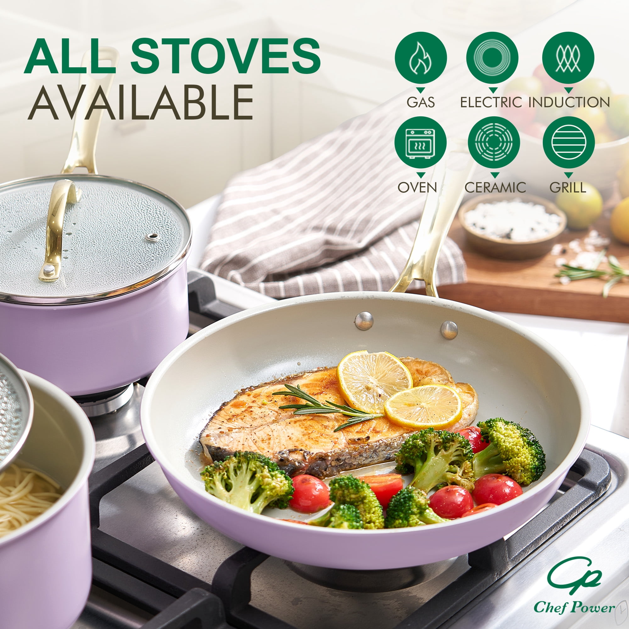 Chef Power 7 Pcs Ceramic Cookware Sets, Non-Stick Pots and Pans Set with Stainless Steel Handles, Dishwasher and Oven Safe, Light Purple with Light Gold Handles