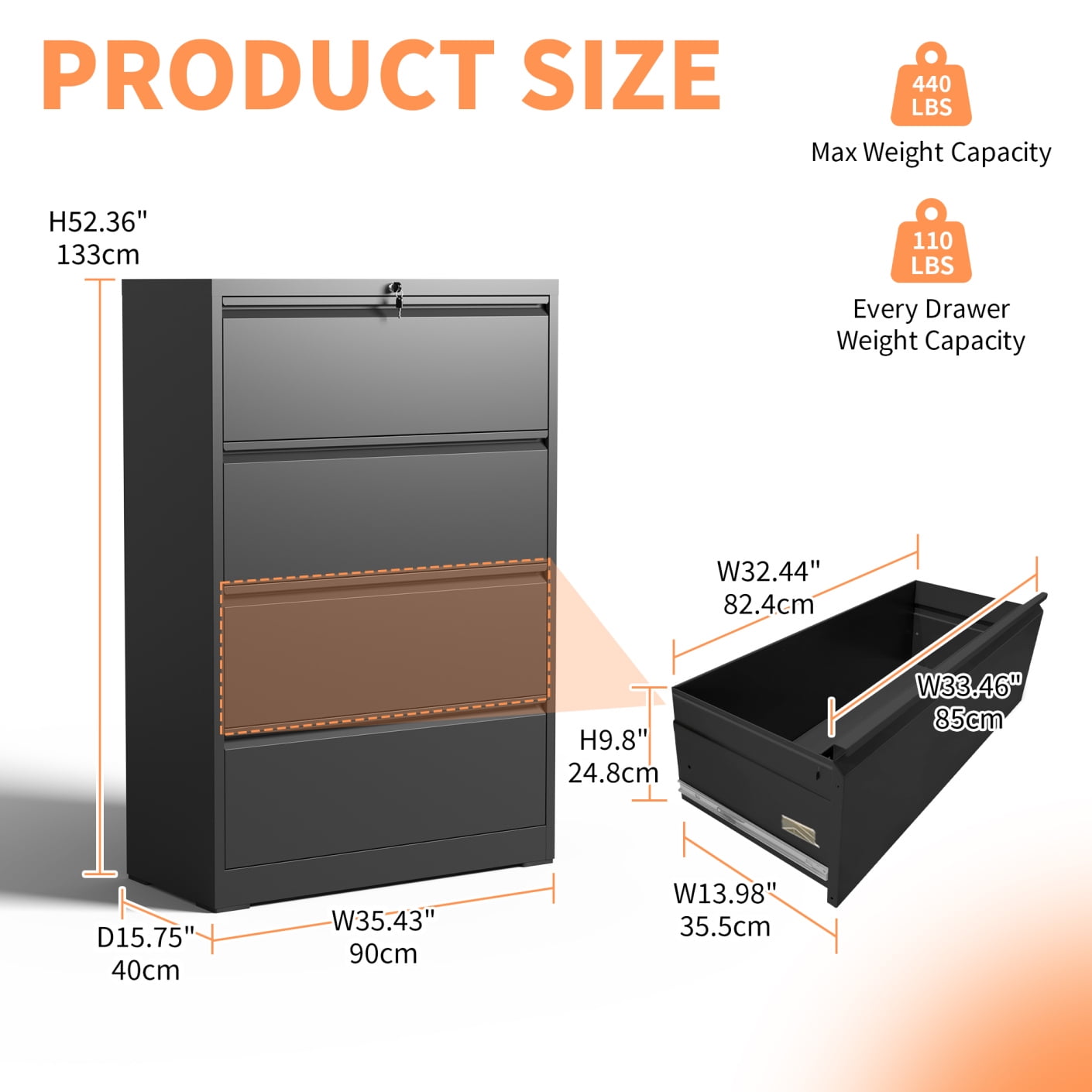 4 Drawer Lateral File Cabinet with Lock – Heavy Duty Steel Filing Cabinet for Home Office, Wide Storage for Letter Legal A4 F4 Files, Full Extension Quiet Slides