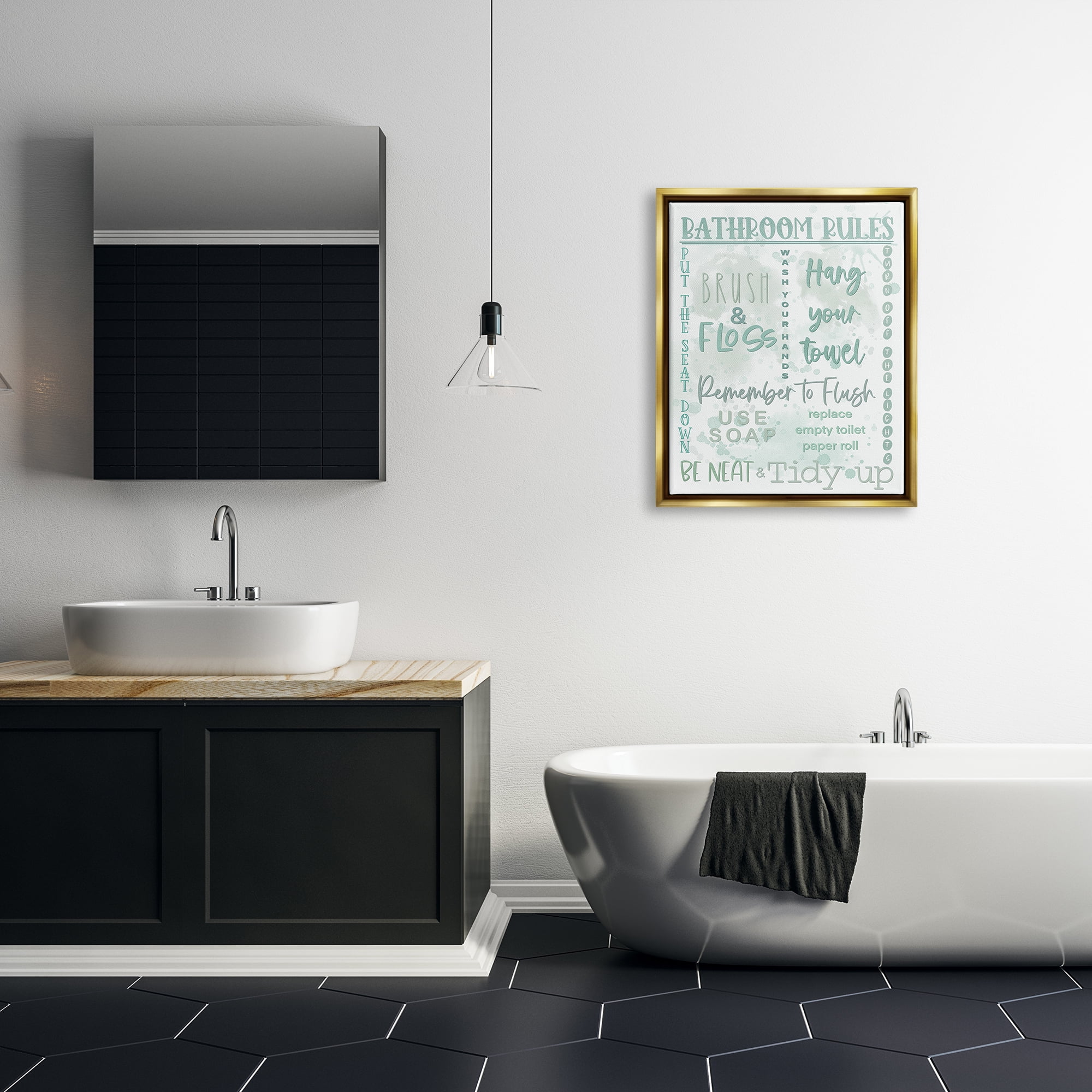 Stupell Industries Green Bathroom Rules Typography Painting Gold Floater Framed Canvas Art Print Wall Art, 25 x 31