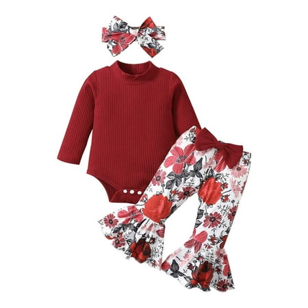 

Fsqjgq Baby Girl Christmas Clothes Set Girls Long Sleeve Ribbed Romper Bodysuit Floral Printed Bell Bottoms Pants Headbands Outfits Long Top Cotton Blend Red 80